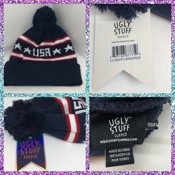 NWT, Ugly Stuff USA Beanie with Pom Pom, OS - Picture 2 of 5